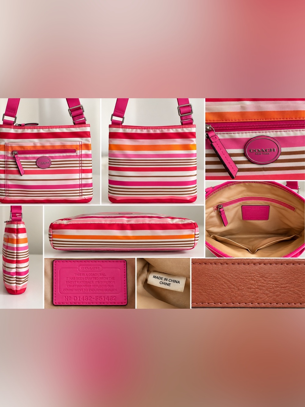 Coach Poppy Multicolor Striped Nylon Crossbody Bag Pink Orange Brown Adjustable